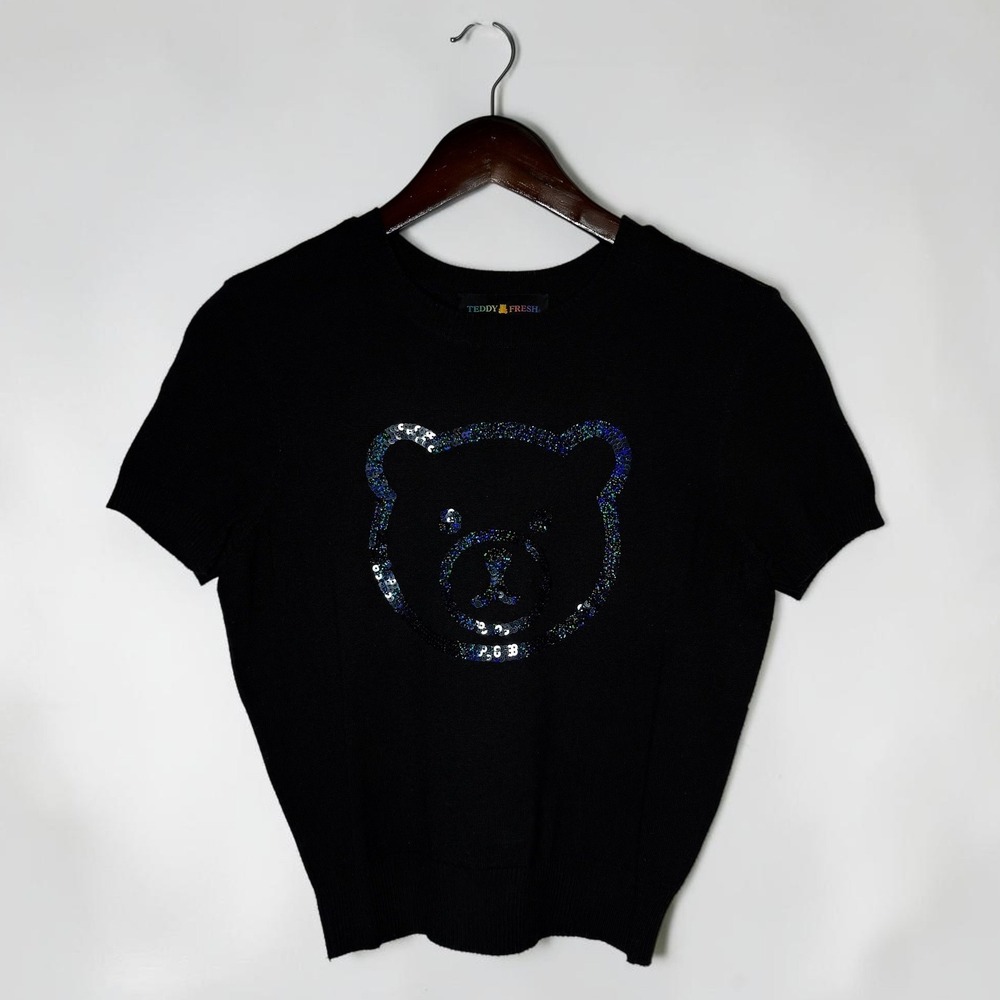Teddy Fresh Sequin Bear Short Sleeve Knit Sweater Top Black size Small